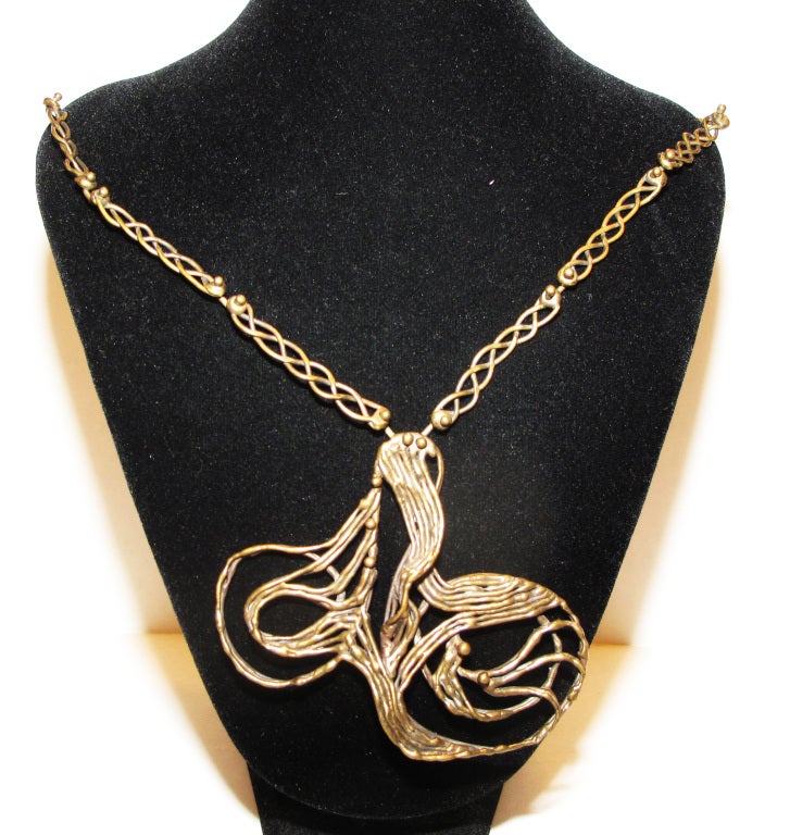 Brass Wire Necklace with Large Abstract Pendant at 1stdibs