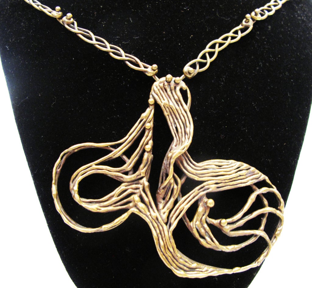 Brass Wire Necklace with Large Abstract Pendant at 1stdibs