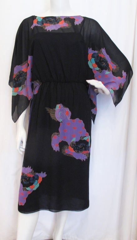 AJ BARI Dragon Print Silk Dress with Purple Slip. Amazing Print!
