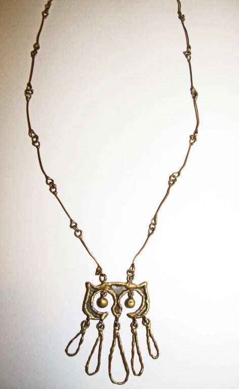 Mid Century Brass Organic Modernism OWL pendant necklace