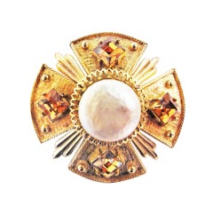 Vintage ACCESSOCRAFT GOLD AND TOPAZ MALTESE CROSS BROOCH