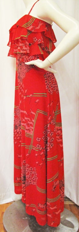 Women's 1970s Chiffon Deer and Floral Print Maxi Dress