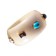 Bone Cabochon Bangle w Eight Fine Stone and Gold Settings