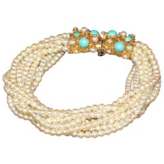 Vintage 18K Gold Multistrand Pearl Turquoise and Diamond Bracelet