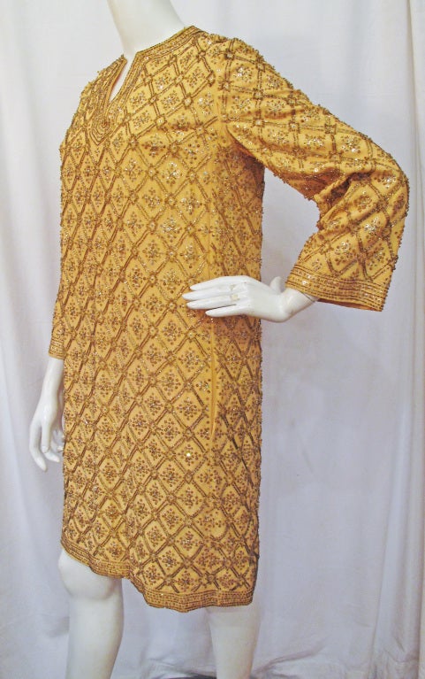 Brown Marie McCarthy for Larry Aldrich Gold Sequin and Beaded Dress For Sale