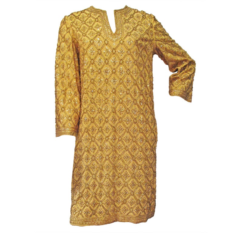 Marie McCarthy for Larry Aldrich Gold Sequin and Beaded Dress For Sale