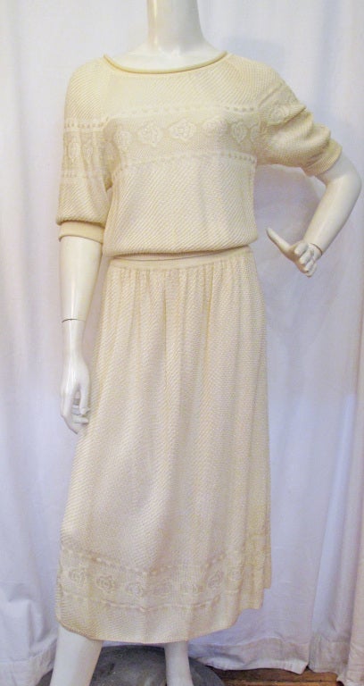 Ted Lapidus Cream Tricot Knit Top and Skirt Set
