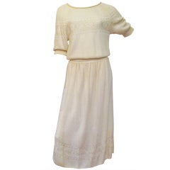 Vintage Ted Lapidus Cream Tricot Knit Top and Skirt Set