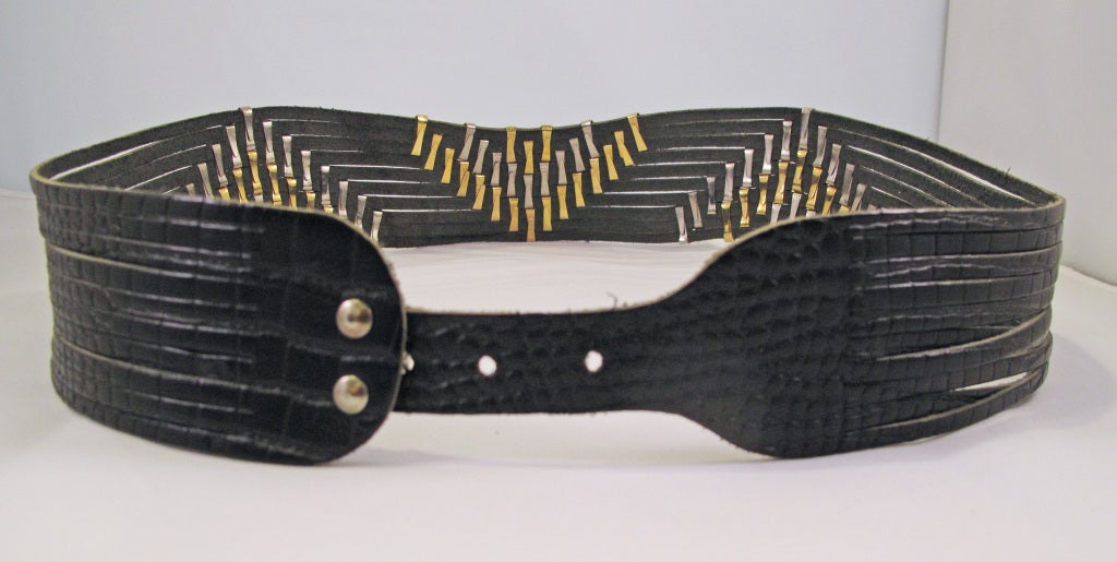Jose Cotel Black Leather Thick Belt w Gold and Silver Studs In Excellent Condition In Brooklyn, NY