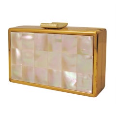 Vintage Elqin American Mother of Pearl and Gold Tone Clutch Compact