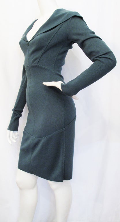 Azzedine Alaia Teal Seamed Wool Dress In Excellent Condition In Brooklyn, NY