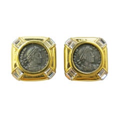 Ciner Gold Tone Coin Earrings with Clear Stones