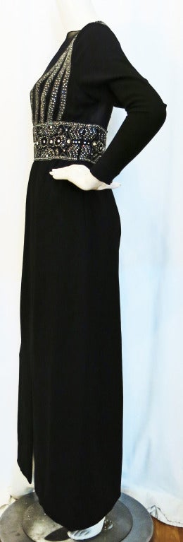 Pauline Trigere Black Beaded and Rhinestone Gown w Sheer Deep V Front In Excellent Condition In Brooklyn, NY