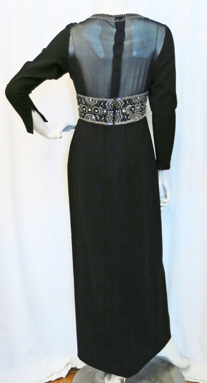 Women's Pauline Trigere Black Beaded and Rhinestone Gown w Sheer Deep V Front