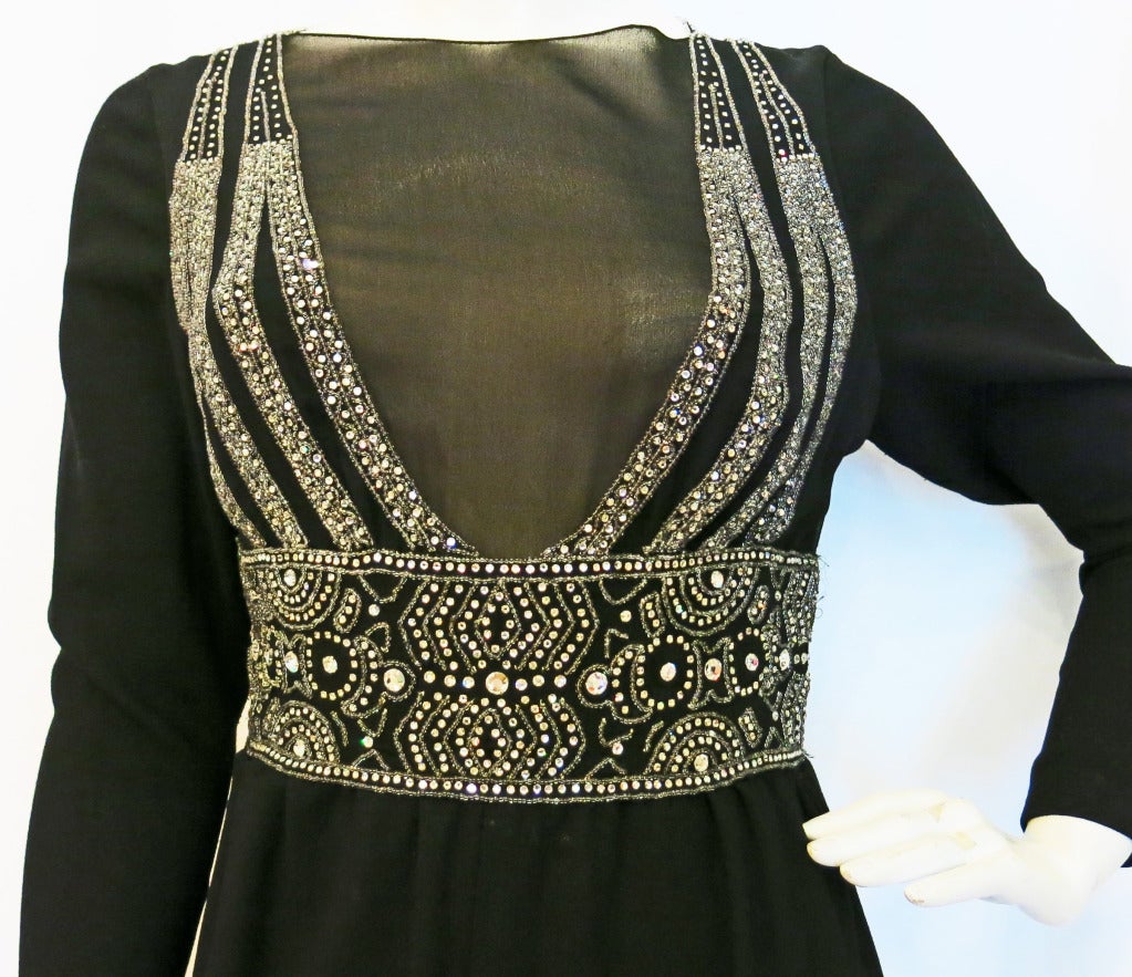 Pauline Trigere Black Beaded and Rhinestone Gown w Sheer Deep V Front 1