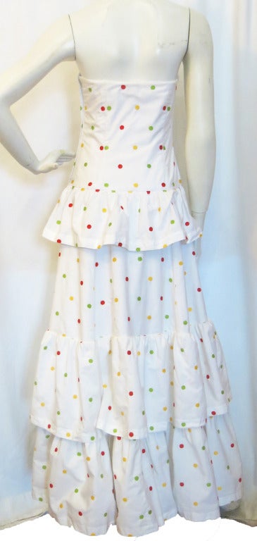 Gray Guy Laroche White Strapless Tiered Gown with Multi Colored Dots