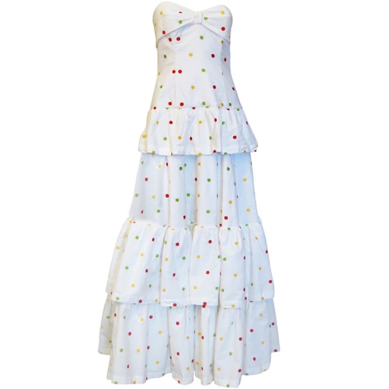 Guy Laroche White Strapless Tiered Gown with Multi Colored Dots