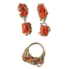 Coral and 18K Gold Artisan Earring and Ring Set