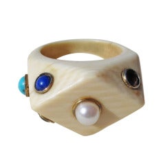Carved Bone Ring with Seven Cabochon Stones in Gold