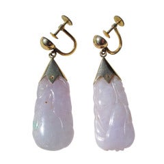 Carved Lavender Jade and 14K Gold Earrings
