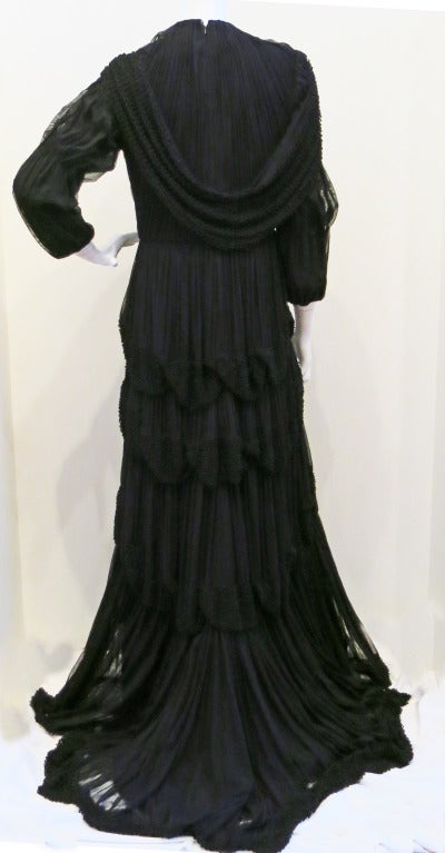 Cachet Black Beaded Layered Goth Gown In Excellent Condition For Sale In Brooklyn, NY