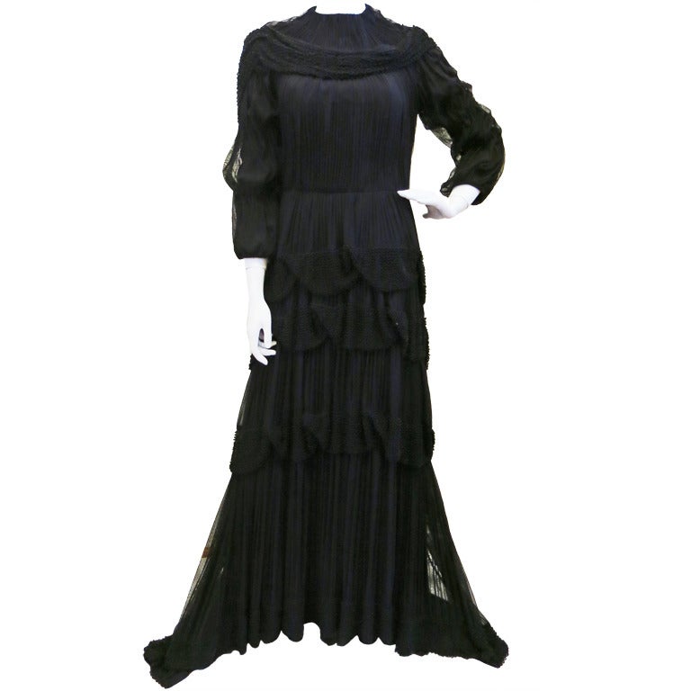 Cachet Black Beaded Layered Goth Gown For Sale