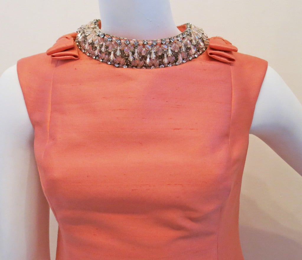 Nat Allen Coral Pink Dress w Beaded Rhinestone Neckline 1