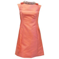 Nat Allen Coral Pink Dress w Beaded Rhinestone Neckline