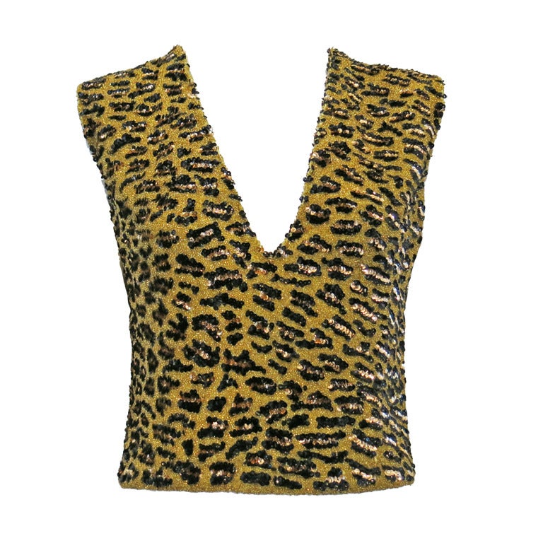 1960s Deep V Leopard Print Sequin Shell For Sale