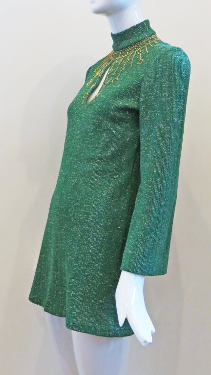 Oscar De La Renta Green and Gold Embellished Neckline Dress In Excellent Condition In Brooklyn, NY