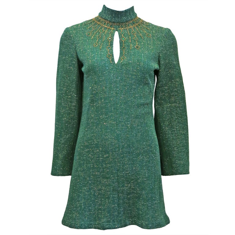 Oscar De La Renta Green and Gold Embellished Neckline Dress