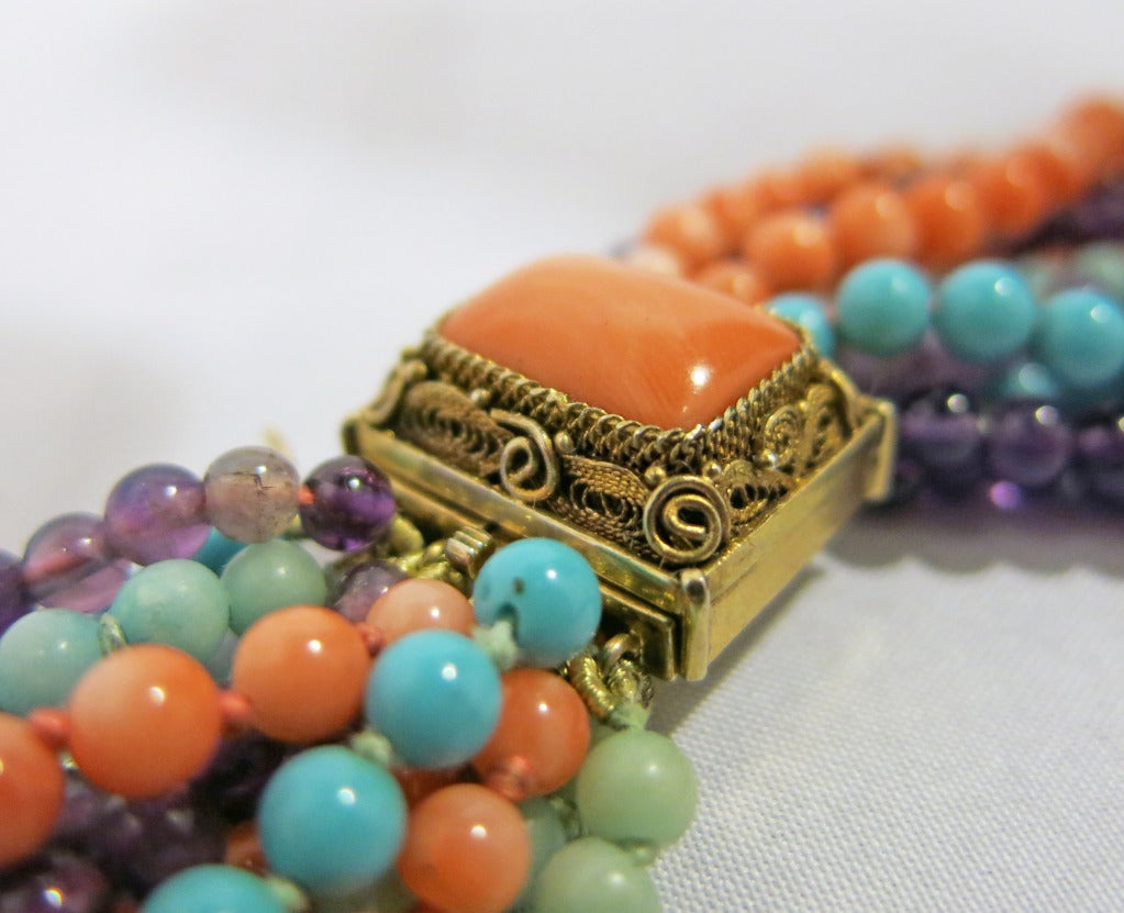 Multi Strand Chinese Turquoise, Coral, Amethyst w Gold Filigree Clasp Necklace In Excellent Condition In Brooklyn, NY