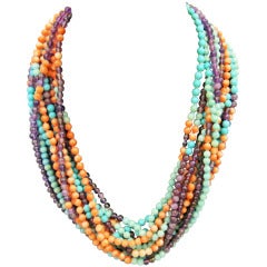 Multi Strand Chinese Turquoise, Coral, Amethyst w Gold Filigree Clasp Necklace