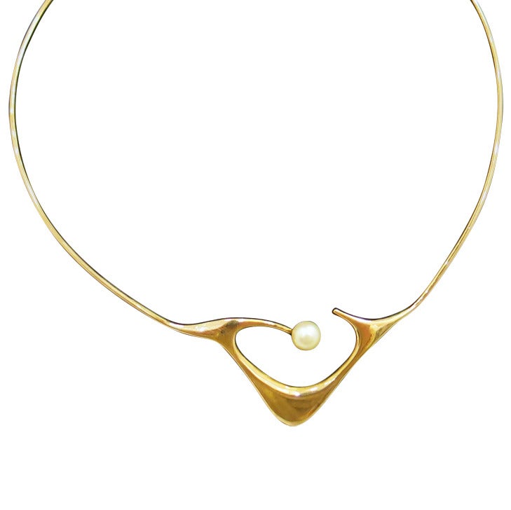 ED. WIENER 14K Gold and Pearl Modernist Necklace