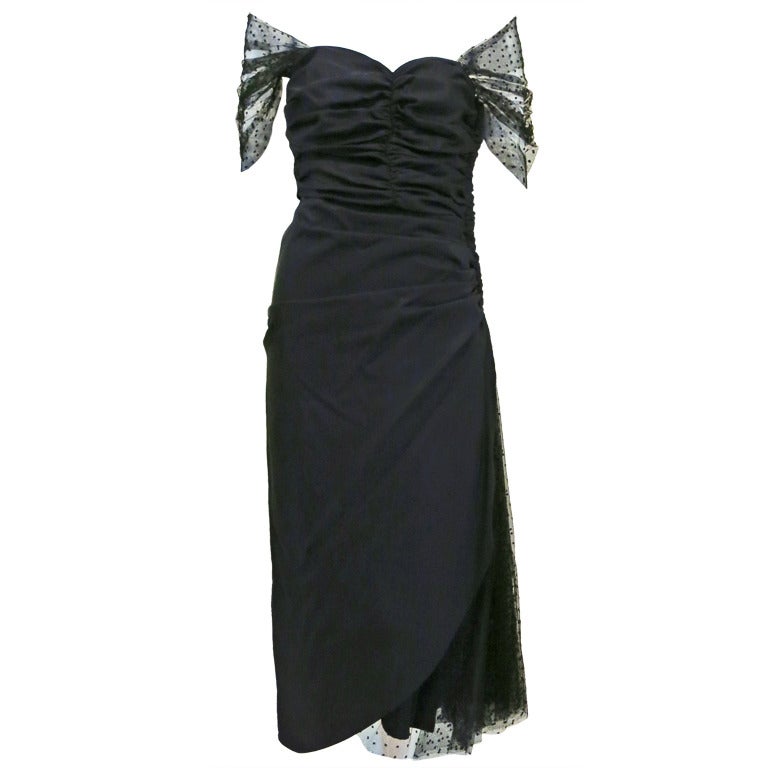 1950s Black Tulle Strapless Dress with Sheer Capelet For Sale