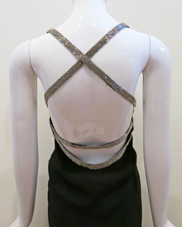 Black Full Length Cache Dress w Silver Bead Cut Out Open Back Detail In Good Condition In Brooklyn, NY
