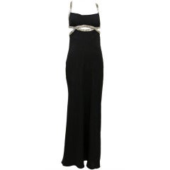 Black Full Length Cache Dress w Silver Bead Cut Out Open Back Detail
