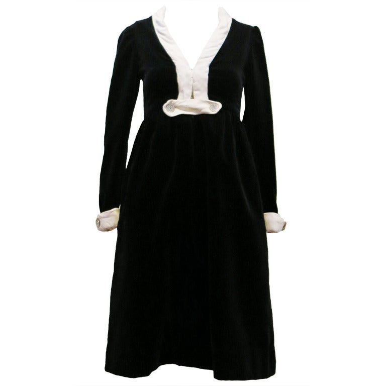 1960's Dominic Rompollo Black Velvet Dress With White Satin Trim For Sale