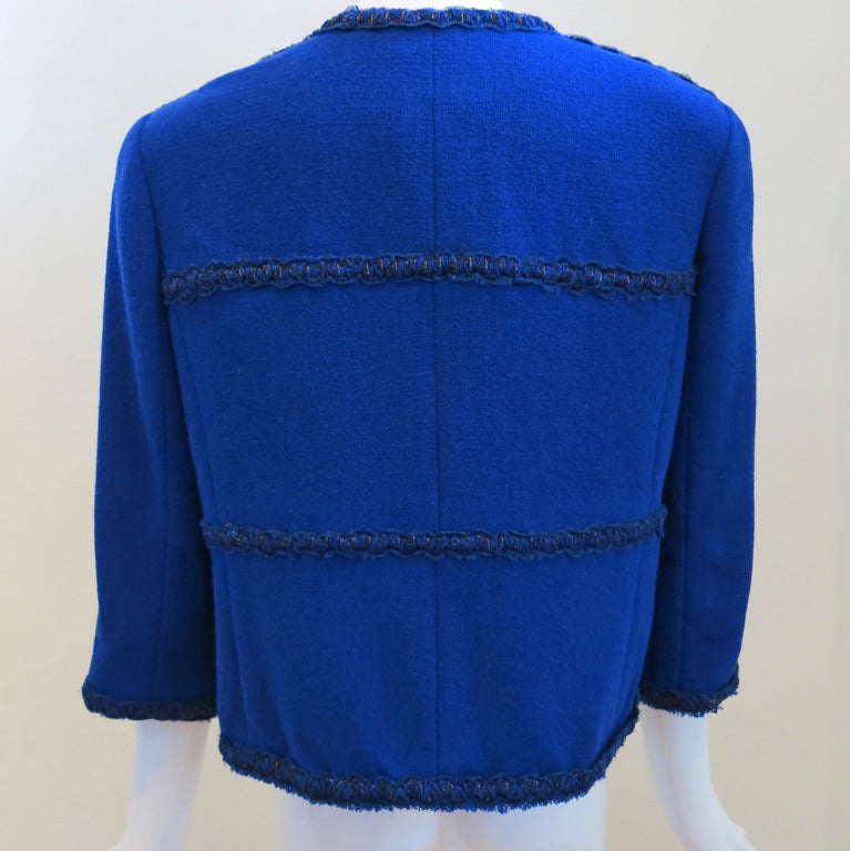Stunning Royal Blue Chanel Jacket with Metallic Copper Trim In Excellent Condition In Brooklyn, NY