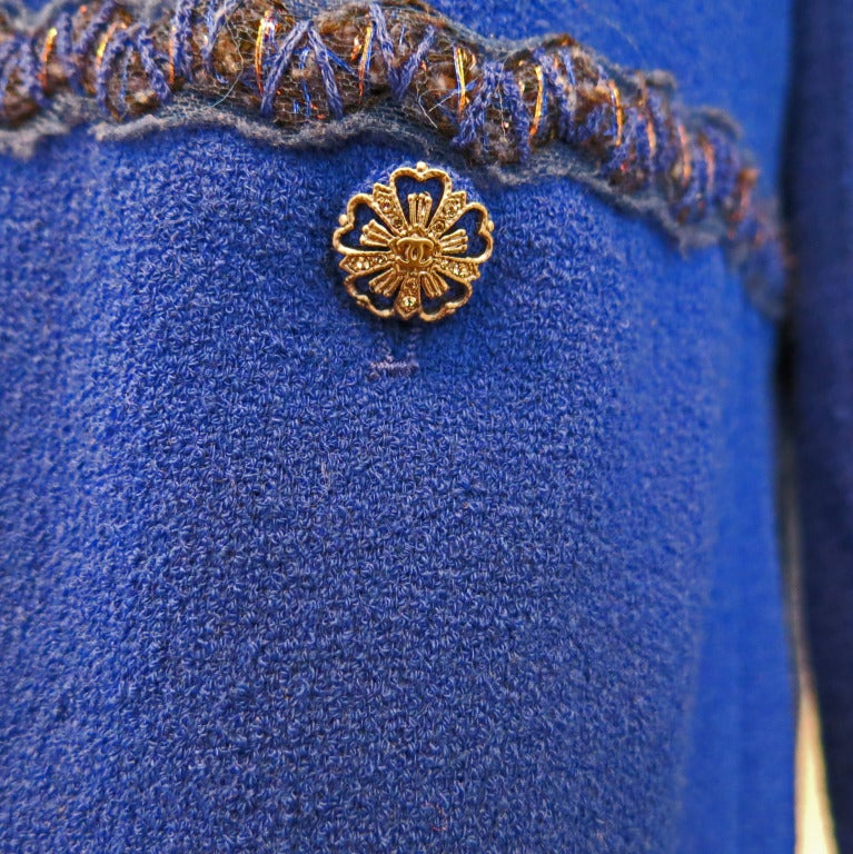 Women's Stunning Royal Blue Chanel Jacket with Metallic Copper Trim