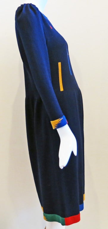 1980s Adolfo Sweater Dress in Navy with Primary Color Accents In Excellent Condition In Brooklyn, NY