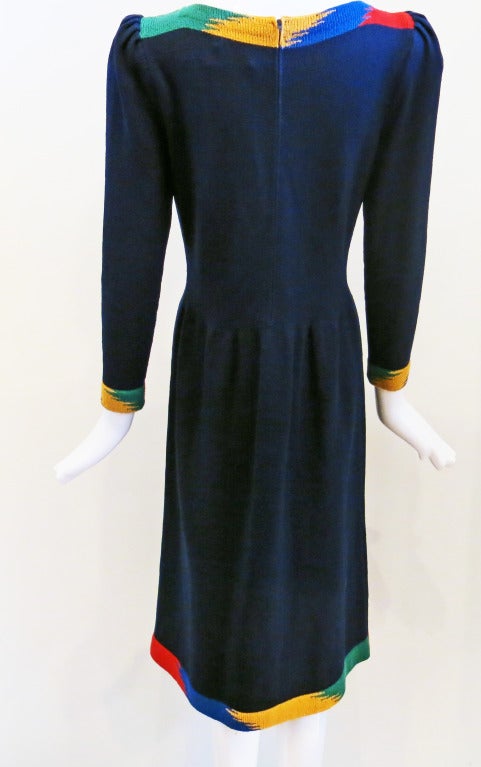 Women's 1980s Adolfo Sweater Dress in Navy with Primary Color Accents
