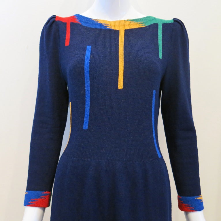 1980s Adolfo Sweater Dress in Navy with Primary Color Accents 1