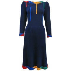 1980s Adolfo Sweater Dress in Navy with Primary Color Accents