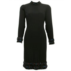 1980s Black Travilla Long Sleeve Sheath Dress with Beading and Sequin Trim