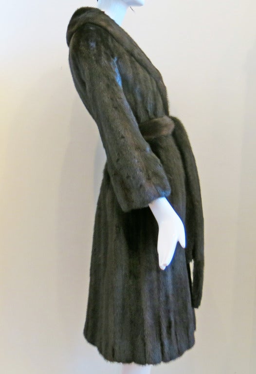 Black Vintage 1950s Mink Belted Dress Coat with Defined Waist and Full Skirt For Sale