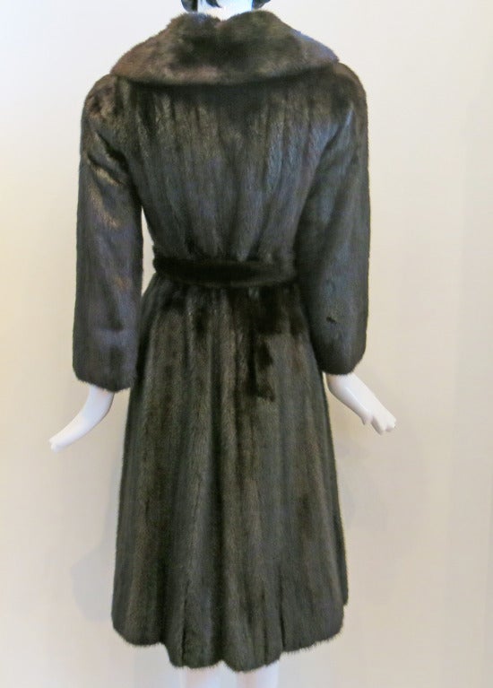 Vintage 1950s Mink Belted Dress Coat with Defined Waist and Full Skirt In Excellent Condition For Sale In Brooklyn, NY