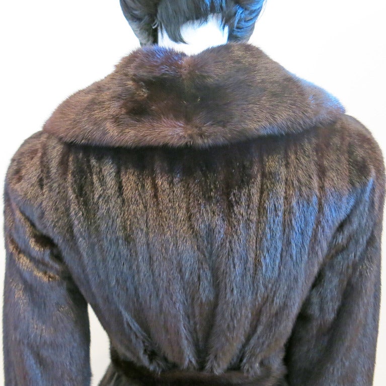 Women's Vintage 1950s Mink Belted Dress Coat with Defined Waist and Full Skirt For Sale