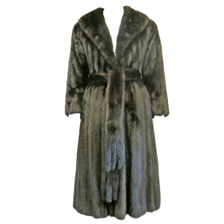 Vintage 1950s Mink Belted Dress Coat with Defined Waist and Full Skirt For Sale
