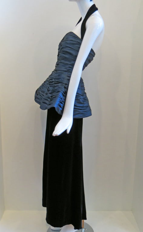 Black 1980s Victor Costa Navy Ruched Peplum Velvet Gown with Detachable Halter Strap For Sale